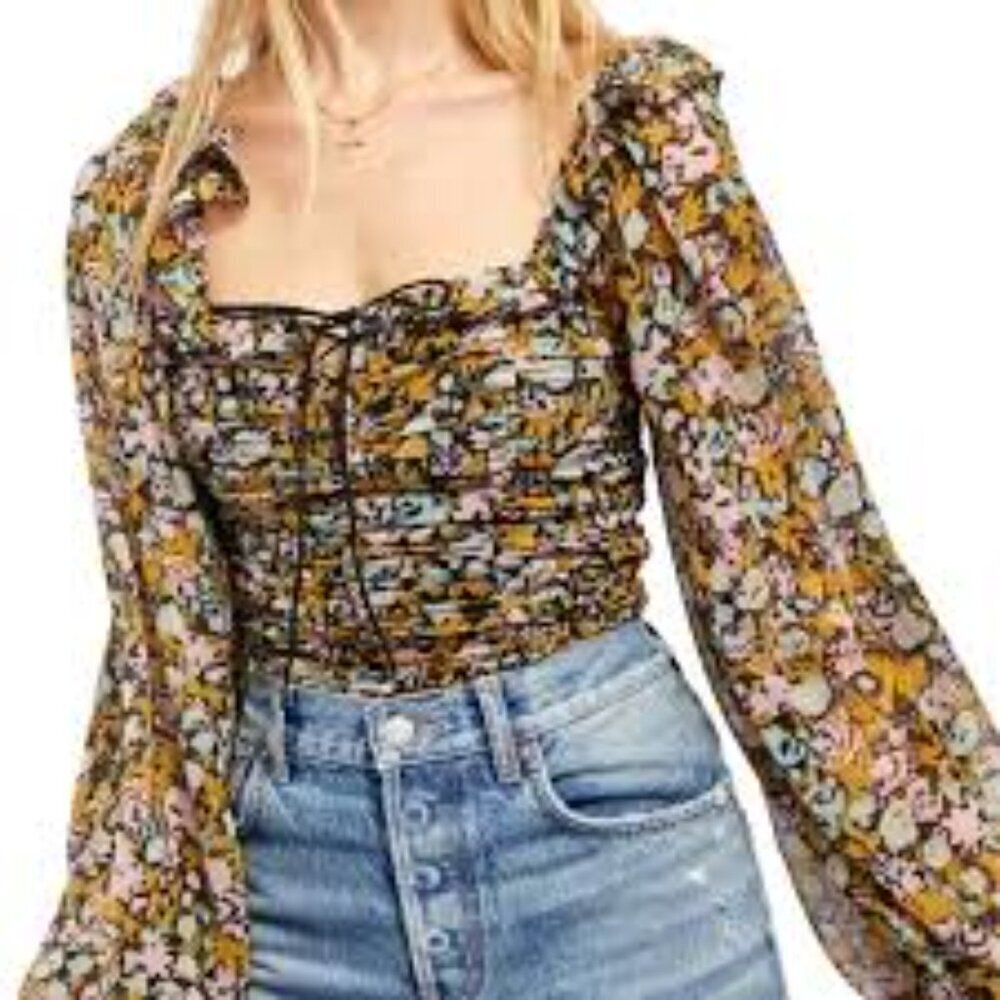Free People Women's Mable Printed Multicolor Floral Blouse Size S Ruffle Top